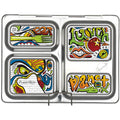 A silver rectangular lunchbox from CAMELBAK with four compartments, each decorated with colorful, graffiti-style artwork. The designs include bold and vibrant illustrations showcasing words like "lunch" and "PlanetBox" prominently. Pair it with PlanetBox Launch Magnet by CAMELBAK to create a unique look every day.
