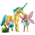 Playmobil Sunshine Blossom unicorn shown with its interchangeable mane, tail and horn and fairy companion