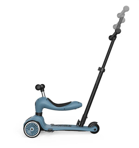 Side view of the Scoot & Ride Highwaykick 1 Push & Go in Steel, showing the height-adjustable parent push bar