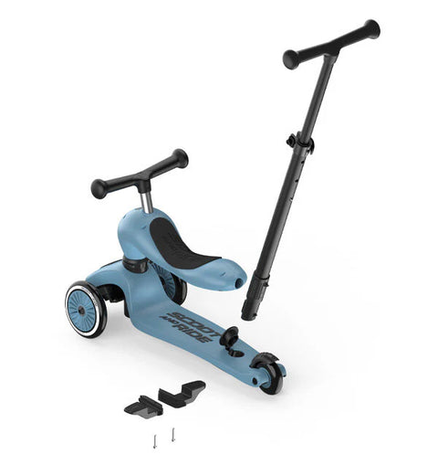 Scoot & Ride Highwaykick 1 Push & Go in Steel with the push bar, footrests and fittings shown separately