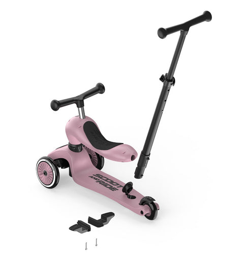 Scoot & Ride Highwaykick 1 Push & Go in Wildberry with the push bar, footrests and fittings shown separately