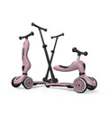 Two configurations of the Scoot & Ride Highwaykick 1 Push & Go in Wildberry shown side by side: ride-on mode and scooter mode with the push bar attached