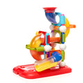 Colorful marble run toy with multiple curved pipes and a red base on a white background