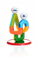 The SmartMax My First Acrobats is a vibrant plastic stacking toy that includes interlocking shapes in orange, yellow, blue, green, and red. It features two white, round pieces with smiley faces on top.