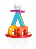 The SmartMax My First Acrobats is a vibrant stacking toy adorned with star and zigzag patterns, showcasing a white textured ball with a smiling face on top. 