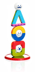 The SmartMax My First Acrobats is a colorful stacking toy featuring geometric shapes, including a triangle with a smiling face at the top, a circle with another face in the middle, and a square with a third face at the bottom. 