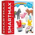The image shows the packaging for the "SmartMax My First Farm Friends (16 pc)" toy set, recommended for children aged 1-5 years. The box displays toy animals (horse, cow, pig, chicken, duck) that click together using magnetic bars. This SmartMax set includes 16 pieces.