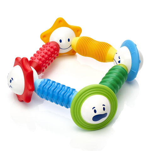 Colorful baby toy with multiple textures on a white background