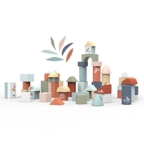 Speedy Monkey wooden blocks in assorted shapes with printed leaf designs