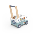 Speedy Monkey wooden van walker showing its shape-sorter blocks and activity panels