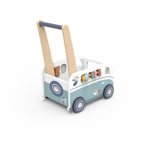 Speedy Monkey wooden van walker showing its shape-sorter blocks and activity panels