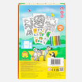 The image showcases the back of the vibrant Tiger Tribe Colouring Set - Zoo by TIGER TRIBE. Inside, you'll find 5 sheets of zoo-themed stickers, 5 color markers, and pages with line drawings of jungle animals ready to be colored. The box features a playful rainbow zebra illustration, perfect for kids' creative play.
