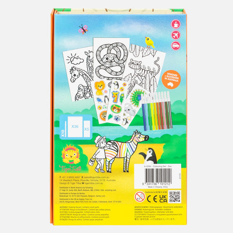 The image showcases the back of the vibrant Tiger Tribe Colouring Set - Zoo by TIGER TRIBE. Inside, you'll find 5 sheets of zoo-themed stickers, 5 color markers, and pages with line drawings of jungle animals ready to be colored. The box features a playful rainbow zebra illustration, perfect for kids' creative play.