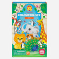 A vibrant box of the "Tiger Tribe Colouring Set - Zoo" showcases illustrated zoo animals such as an elephant, monkey, giraffe, lion, peacock, and owl on the front. It includes a choking hazard warning and highlights that the set is ideal for creative play for children aged 4-7.