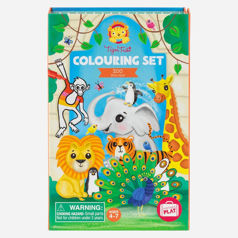 A vibrant box of the "Tiger Tribe Colouring Set - Zoo" showcases illustrated zoo animals such as an elephant, monkey, giraffe, lion, peacock, and owl on the front. It includes a choking hazard warning and highlights that the set is ideal for creative play for children aged 4-7.