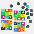 Four sets of vibrant cards showcasing illustrations of different animals including elephants, sheep, fish, and cows. Nearby, circular tokens adorned with multicolored dots on a black background are scattered. Created by TIGER TRIBE for Tiger Tribe Memory + Bingo - Animals, this game enhances cognitive abilities through engaging memory challenges.