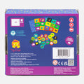 The back of the Tiger Tribe Memory + Bingo - Animals game box showcases vibrant animal illustrations. The text specifies that the game is designed for 2-4 players and includes 4 game boards and 36 tokens. Additional information about interactive memory challenges that enhance cognitive skills, along with contact details, are presented at the bottom.