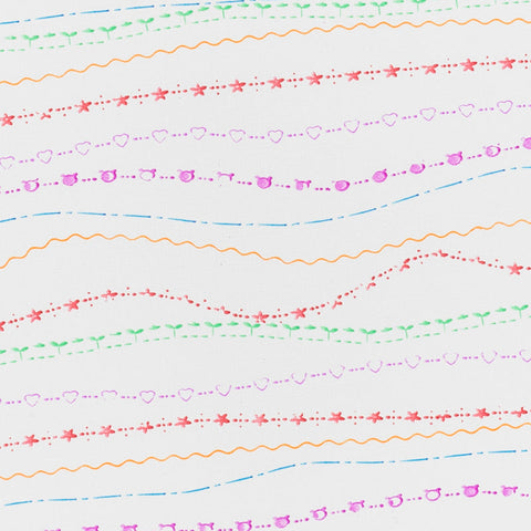 A white background is brought to life with various colorful, whimsical lines created using Tiger Tribe Roller Pattern Pens by TIGER TRIBE. Orange and blue lines flow in wavy patterns, while green lines take on the appearance of vines adorned with leaves. The creative endeavors of kids shine through in patterns of hearts, stars, and small circular shapes in pink and purple.