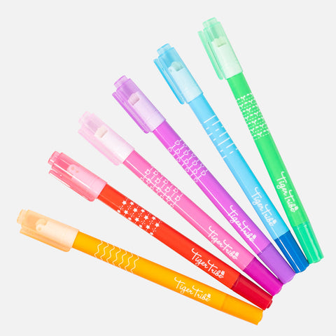 Six vibrant double-sided Tiger Tribe Roller Pattern Pens are arranged in a fan shape on a white background. From left to right, the pen colors are red, orange, purple, blue, green, and teal. Each pen showcases unique Roller Pattern designs and the text "Tiger Tribe" near the base—perfect for kids' creative endeavors from TIGER TRIBE.