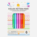 The Tiger Tribe Roller Pattern Pens by TIGER TRIBE are displayed in a partially open package, showcasing a set of six double-sided pens in vibrant shades of pink, purple, teal, green, red, and orange. Designed to create a variety of patterns for children's creative projects, the box includes an age recommendation of "5+" and features a choking hazard warning.