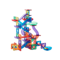 Fully assembled TileTek 95-piece Ball Run tower with catch bowls and balls, on a white background