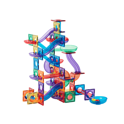 Fully assembled TileTek 95-piece Ball Run tower with catch bowls and balls, on a white background
