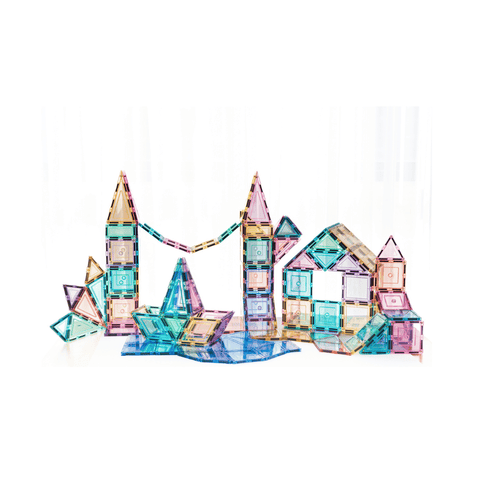 TileTek pastel magnetic tile castle with towers, triangular roofs and a rhombus base