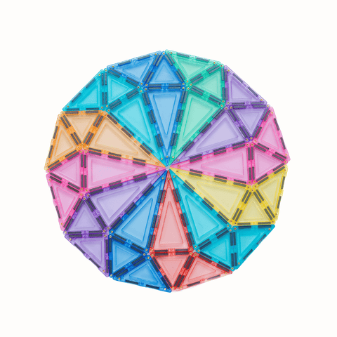 Pastel TileTek magnetic tile triangles arranged in a radial mandala pattern