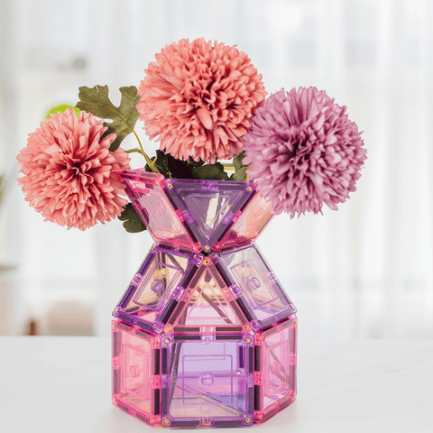 Pastel TileTek magnetic tiles built into a small vase with dried flowers