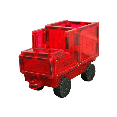 Red TileTek car base built into a small truck with black rubber wheels