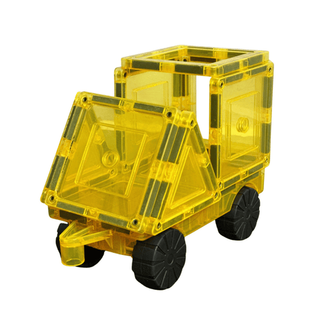 Yellow TileTek car base built into a small truck with black rubber wheels