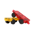 Red and yellow TileTek car bases stacked together showing the rolling wheels