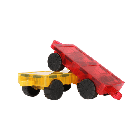 Red and yellow TileTek car bases stacked together showing the rolling wheels