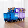 Blue and purple magnetic tile truck on TileTek car bases with toy mice riding inside
