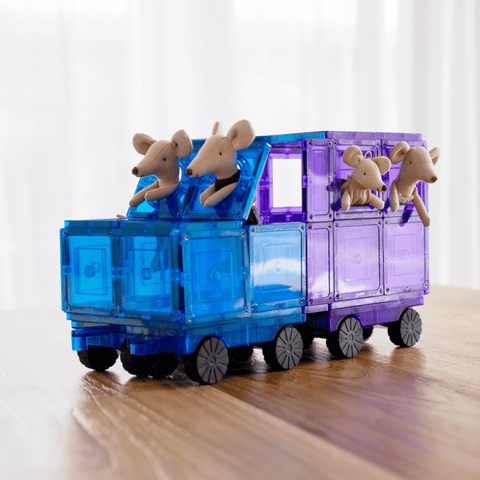 Blue and purple magnetic tile truck on TileTek car bases with toy mice riding inside