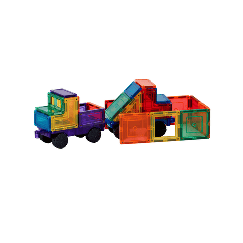 Green, orange and blue TileTek magnetic tile truck and trailer with rubber wheels