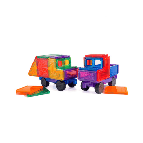 Two TileTek magnetic tile trucks side by side with loose tiles nearby