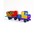 Red, yellow, green and purple TileTek magnetic tile truck and trailer connected together