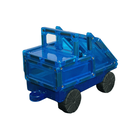 Blue TileTek magnetic tile truck built with a tipping tray and rubber wheels