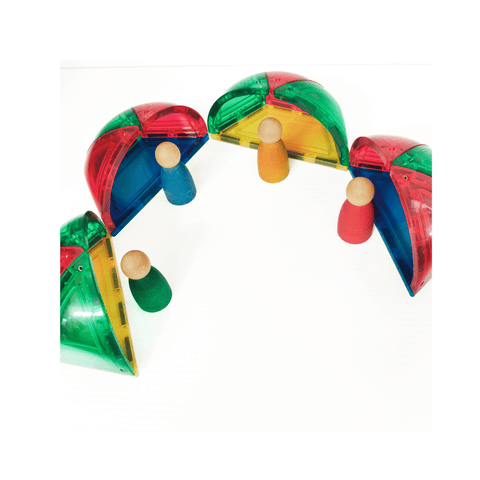 TileTek magnetic tile arch built from curved domes with peg dolls standing underneath