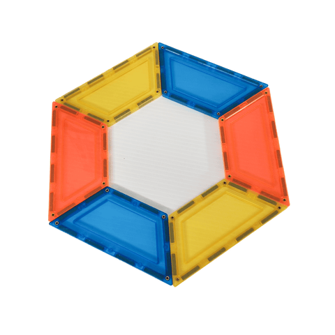 TileTek magnetic tile hexagon frame built from red, yellow and blue trapeziums