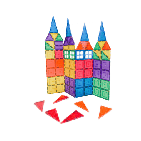 TileTek magnetic tile castle with four coloured towers and triangular roofs