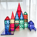 TileTek magnetic tile castle with red, blue and green towers of varying heights