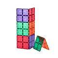 Stacked purple, green, red and orange TileTek large square tiles forming a tower