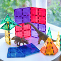 Purple and red TileTek large square tiles built into a wall with toy dinosaurs nearby