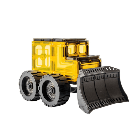 Assembled magnetic tile bulldozer with a yellow cab and pushable front blade