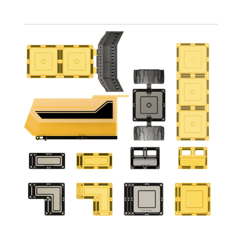 Flat lay of the Tile Tek Mega Earth Movers 22 piece set sorted by part