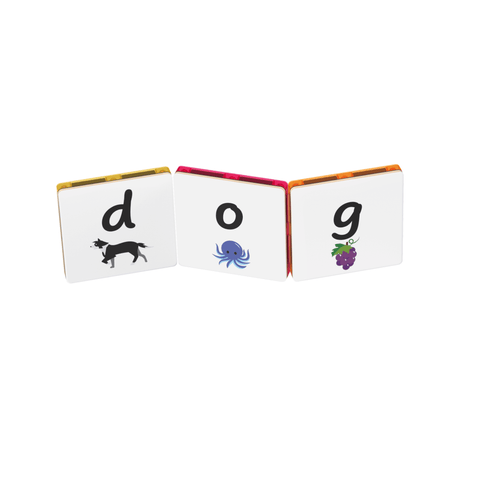Tile Tek lower-case letter toppers spelling dog on magnetic tiles