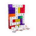 Magnetic tile tower built with Tile Tek lower-case toppers spelling play learn read grow