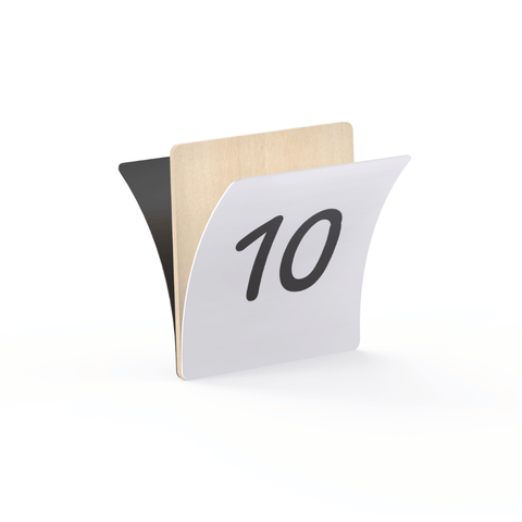 Close-up of a wooden Tile Tek number topper printed with the numeral 10